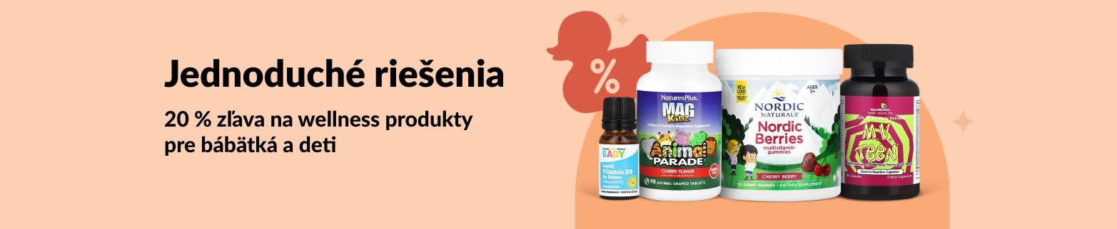 Banner iHerb propagujúci 20 % zľavu na wellness produkty pre bábätká a deti, vrátane vitamínov a žuvacích cukríkov.