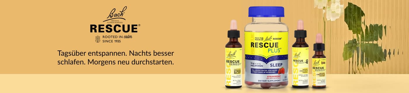 Bach Rescue-Banner mit Produkten zur Stresslinderung und Schlafunterstützung, einschließlich Rescue Remedy Tropfen und Rescue Plus Sleep Gummis.
