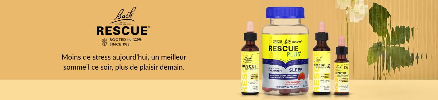 Bannière Bach Rescue présentant des remèdes pour soulager le stress et favoriser le sommeil, y compris les gouttes Rescue Remedy et les gommes Rescue Plus Sleep.