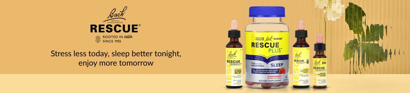 Bach Rescue banner featuring stress relief and sleep support remedies, including Rescue Remedy drops and Rescue Plus Sleep gummies.