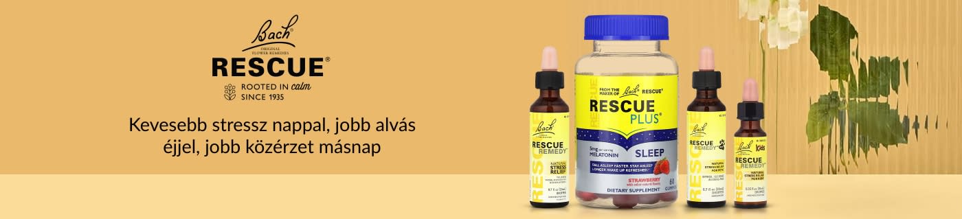 Bach Rescue banner, amely stresszoldó és alvást támogató készítményeket mutat be, köztük a Rescue Remedy cseppeket és a Rescue Plus Sleep gumicukrokat.