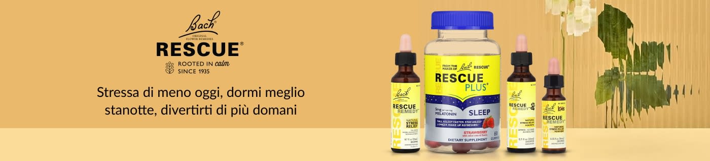 Banner Bach Rescue con rimedi per alleviare lo stress e favorire il sonno, incluse le gocce Rescue Remedy e le caramelle gommose Rescue Plus Sleep.