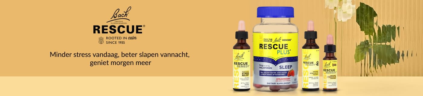 Bach Rescue-banner met middelen voor stressverlichting en slaapondersteuning, inclusief Rescue Remedy-druppels en Rescue Plus Sleep-gummies.