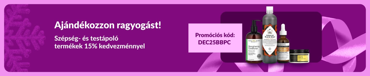 iHerb banner, amely 15% kedvezményt hirdet szépségápolási és testápolási termékekre a DEC25BBPC kóddal, bőrápolási és hajápolási termékekkel.