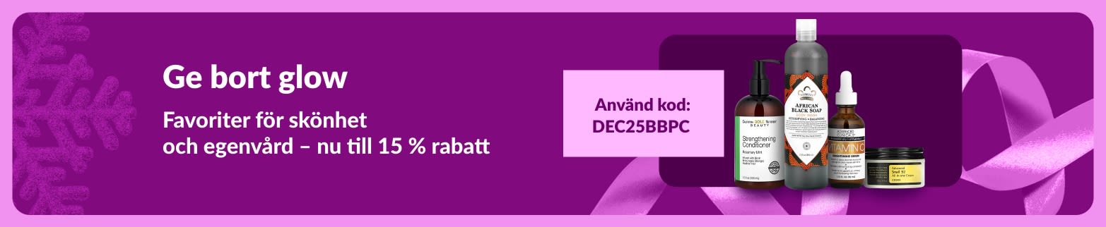 iHerb-banner som marknadsför 15 % rabatt på skönhets- och självvårdprodukter med koden DEC25BBPC, med hudvårds- och hårvårdsprodukter.