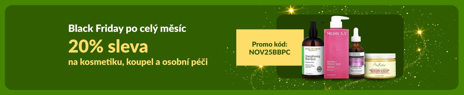 Banner k akci Black Friday po celý měsíc na iHerb nabízí 20% slevu na kosmetiku a péči o tělo s kódem NOV25BBPC.
