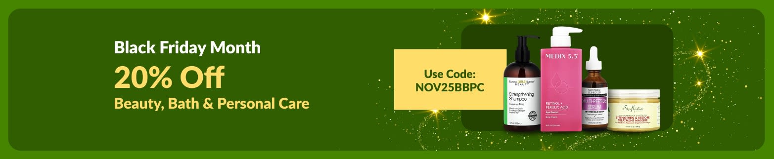 iHerb Black Friday Month banner offering 20% off beauty, bath, and personal care items with promo code NOV25BBPC.