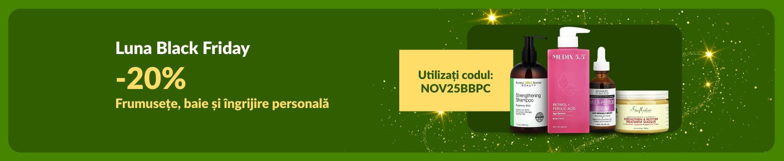 Banner iHerb Black Friday cu 20% reducere la produse de înfrumusețare, baie și îngrijire personală cu codul NOV25BBPC.