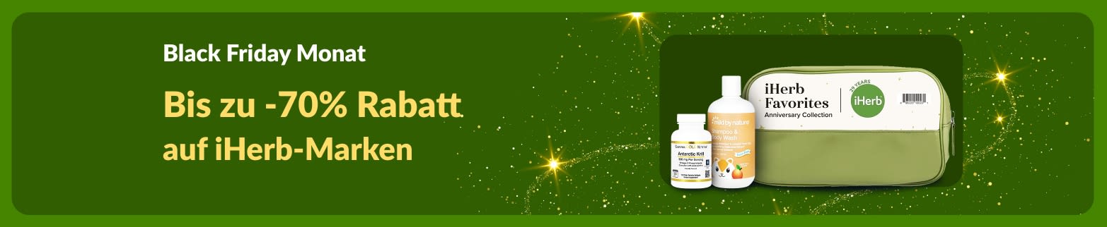 iHerb-Banner für den Black Friday-Monat mit bis zu 70% Rabatt auf iHerb-Marken mit Supplements und Produkten von Mild By Nature.