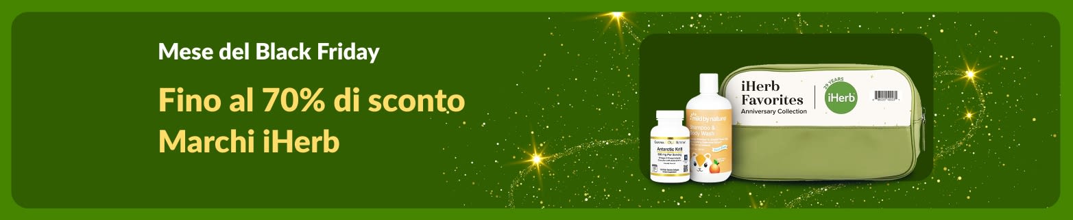 Banner del Mese del Black Friday di iHerb che offre fino al 70% di sconto sui marchi iHerb, con integratori e prodotti Mild By Nature.