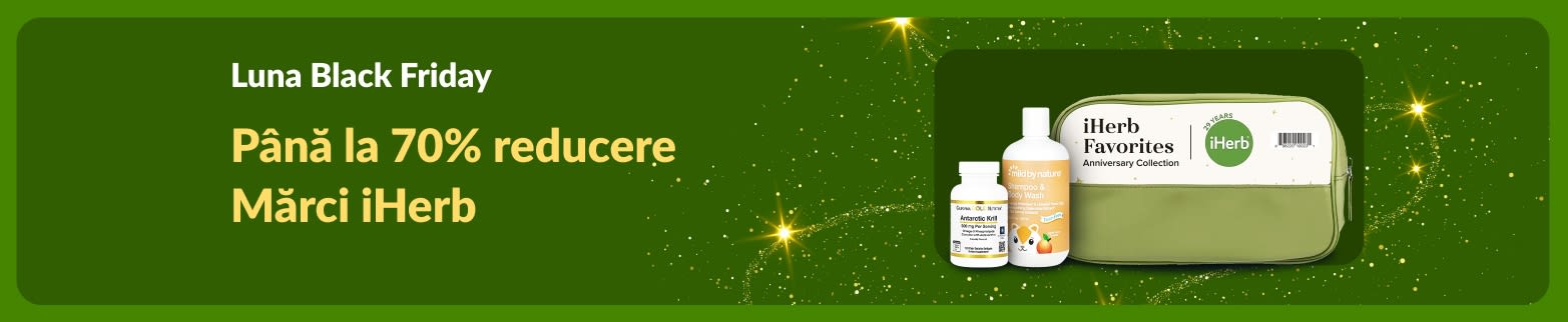 bannerul iHerb Black Friday Month oferă până la 70% reducere la mărcile iHerb, oferind suplimente și produse Mild By Nature.