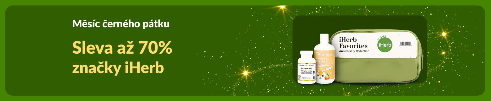 banner iHerb Black Friday Month nabízí až 70% slevu na značky iHerb, včetně doplňků a produktů Mild By Nature.