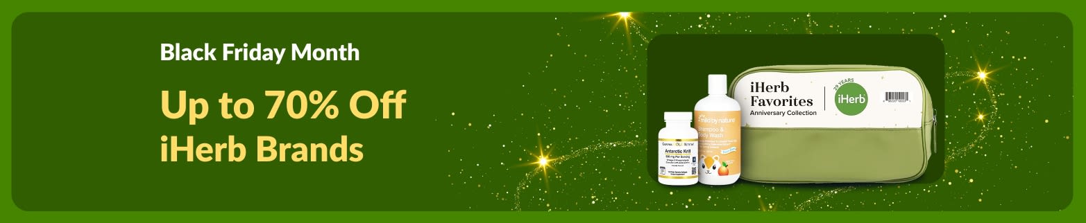 iHerb Black Friday Month banner offering up to 70% off iHerb brands, featuring supplements and Mild By Nature products.