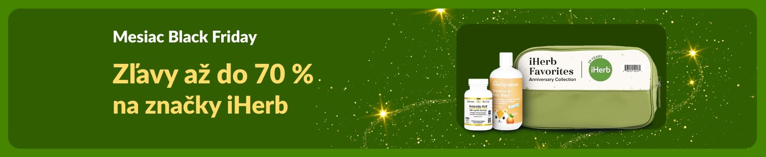 Banner iHerb k Black Friday ponúkajúci zľavy až do 70 % na značky iHerb, doplnky výživy a produkty Mild By Nature.