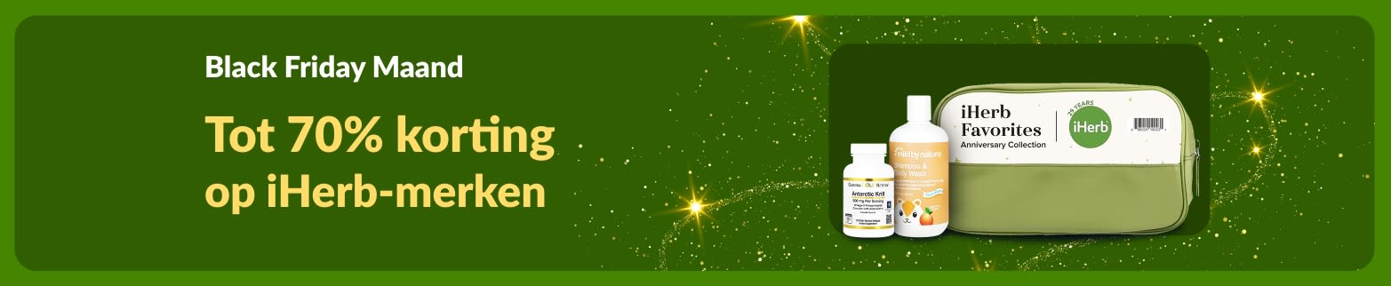 iHerb Black Friday-maandbanner met tot wel 70% korting op iHerb-merken, zoals supplementen en Mild By Nature-producten.