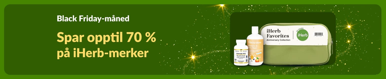 iHerb Black Friday Month-banner med opptil 70 % rabatt på iHerb-merker, inkludert kosttilskudd og Mild By Nature-produkter.