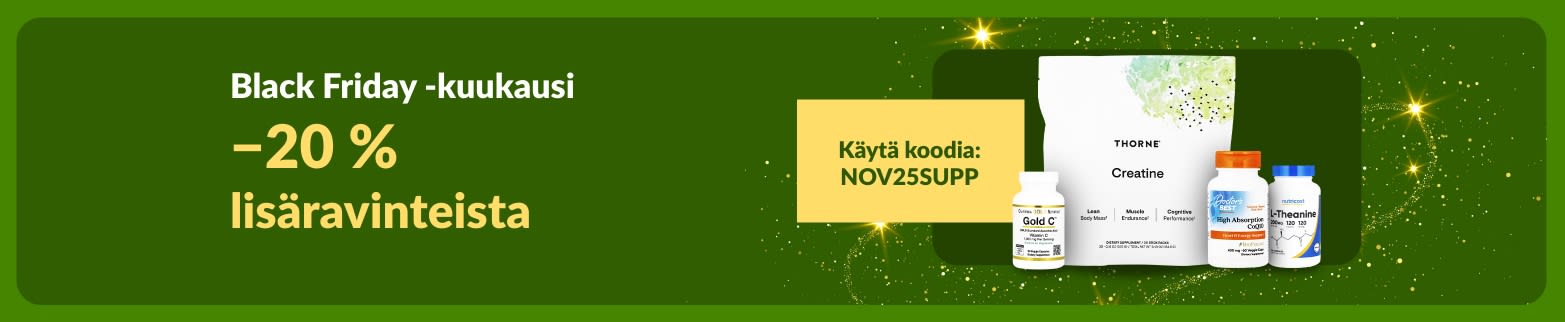 iHerb Black Friday -kuukauden banneri, joka tarjoaa 20 % alennuksen lisäravinteista koodilla NOV25SUPP.