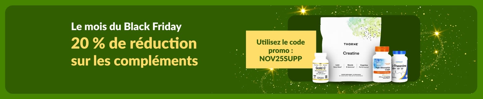 Bannière iHerb du mois du Black Friday offrant 20 % de réduction sur les compléments alimentaires avec le code NOV25SUPP.