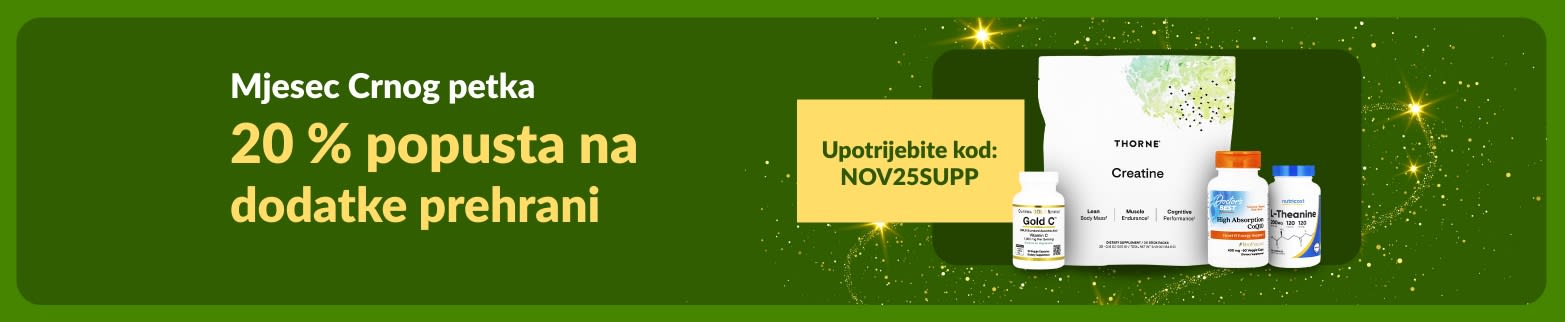 iHerb baner povodom mjeseca Crnog petka koji nudi 20 % popusta na dodatke prehrani uz kod NOV25SUPP