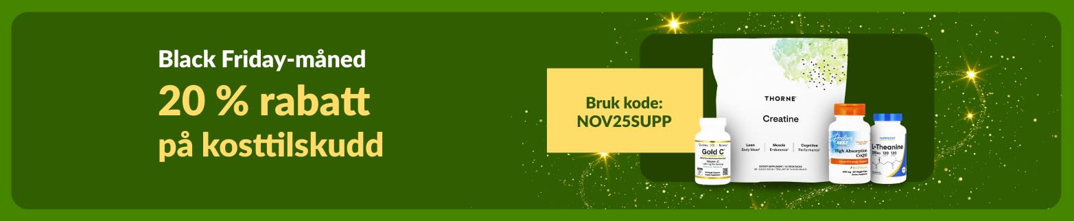 iHerb-banner for Black Friday-måned som tilbyr 20% rabatt på kosttilskudd med koden NOV25SUPP.