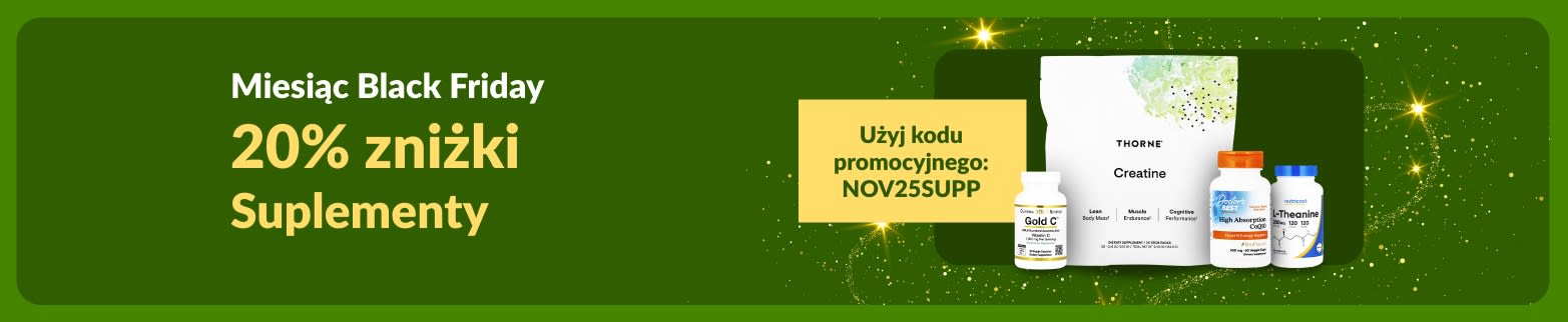 Baner iHerb Black Friday Month oferujący 20% zniżki na suplementy z kodem NOV25SUPP.