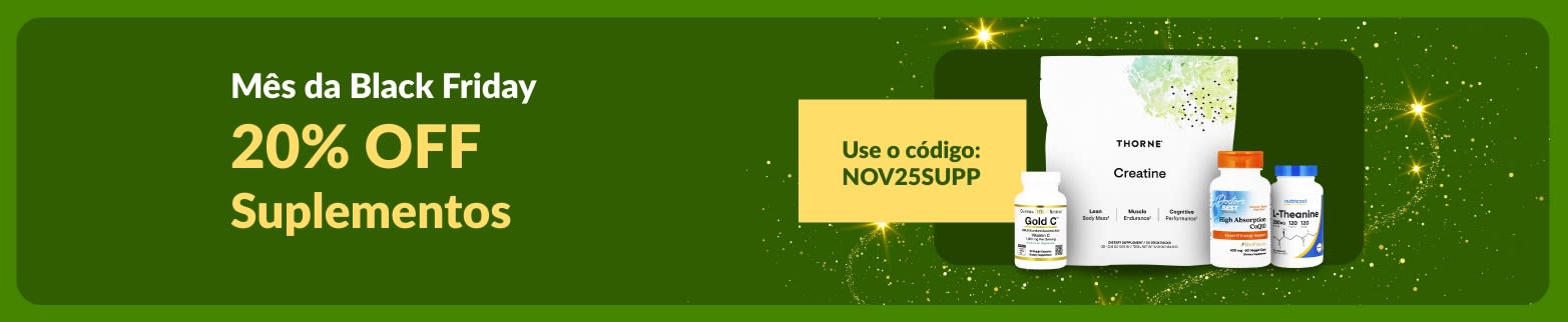 Banner do mês da Black Friday iHerb oferecendo 20% OFF em suplementos com o código NOV25SUPP.