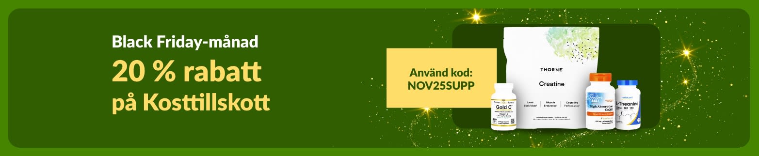 iHerb Black Friday-månad-banner som erbjuder 20 % rabatt på kosttillskott med koden NOV25SUPP.