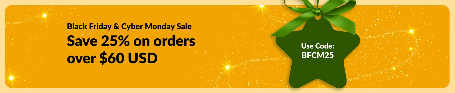 iHerb Black Friday and Cyber Monday banner offering 25% off orders over $60 USD with promo code BFCM25 on golden background.