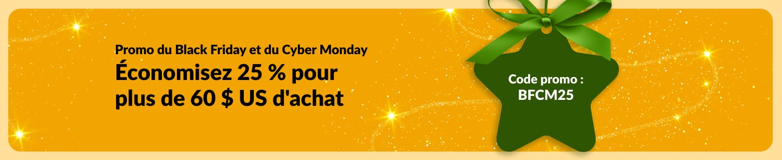 Bannière iHerb Black Friday et Cyber Monday offrant 25 % de réduction sur les commandes supérieures à 60 $ US avec le code promotionnel BFCM25 sur fond doré.