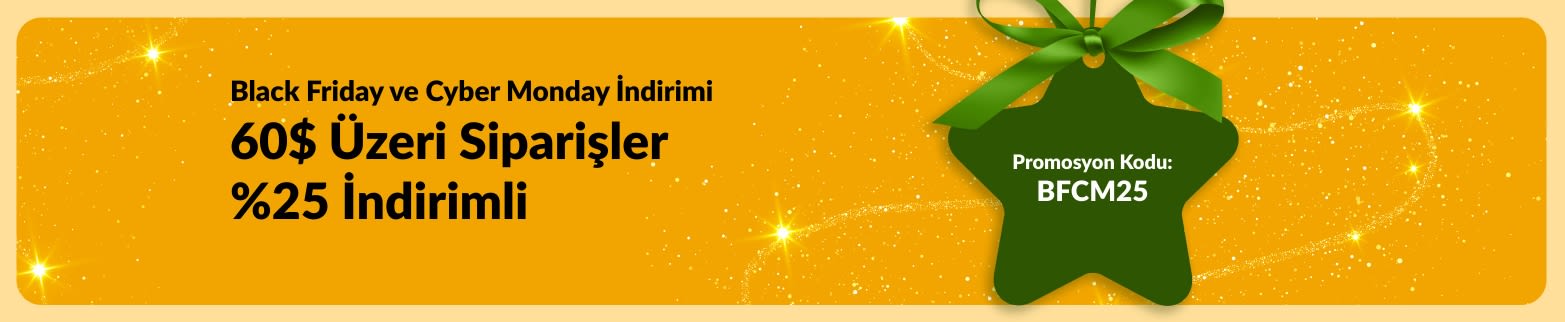 iHerb Black Friday ve Cyber Monday bannerı: Altın zemin üzerinde 60 USD üzeri siparişlerde %25 indirim, promosyon kodu BFCM25.