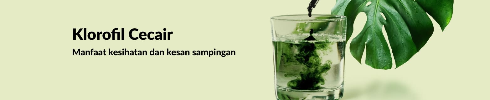 Banner with a glass of liquid chlorophyll and dropper, highlighting health benefits and side effects of chlorophyll.