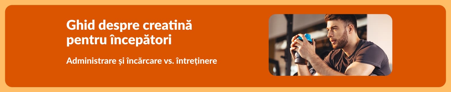 Bărbat care bea dintr-un shaker în sala de sport, lângă textul: Ghid despre creatină pentru începători – sfaturi pentru încărcare vs. întreținere.