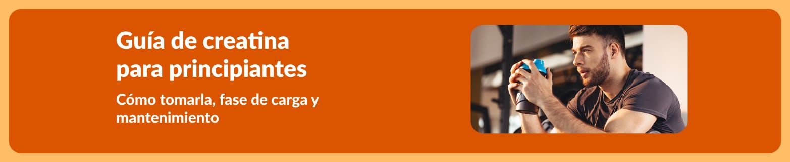 Hombre bebiendo de un shaker en el gimnasio junto al texto: Guía de creatina para principiantes , tips sobre fase de carga y mantenimiento.