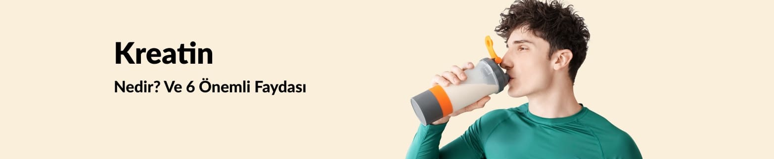 Banner showing a man drinking from a shaker, promoting creatine with details on what it is and six key health benefits.