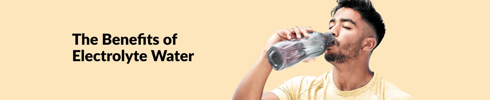 Man drinking water with text ‘The Benefits of Electrolyte Water,’ promoting hydration and wellness tips.