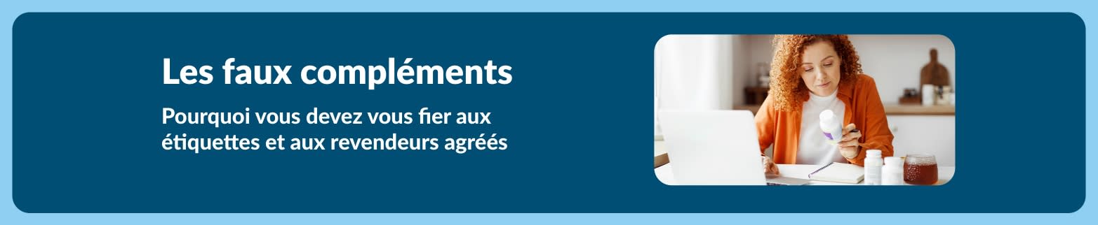 Banner promoting article about fake supplements and why label claims and verified retailers matter, featuring woman reviewing a supplement bottle.