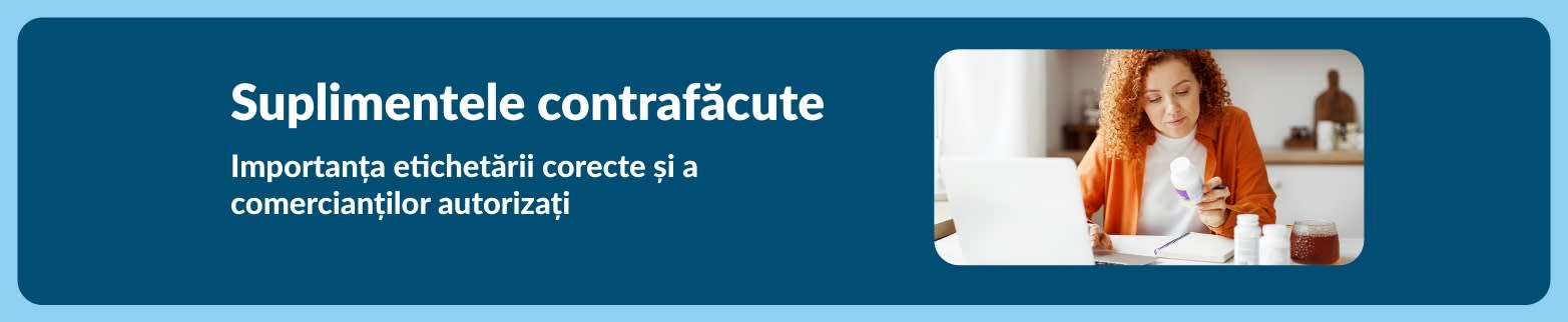 Banner despre suplimente false: de ce contează eticheta și comercianții verificați, cu femeie ce analizează un supliment.