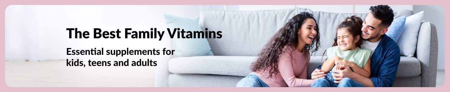 iHerb banner showing happy family by couch promoting vitamins for kids, teens and adults for overall family health.