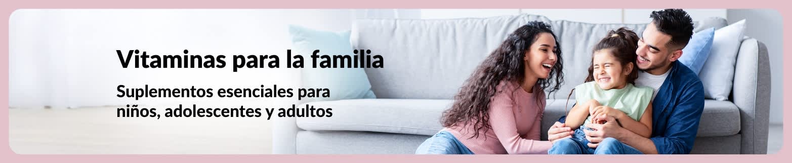 Banner de iHerb promocionando vitaminas para niños, adolescentes y adultos para la salud de toda la familia.
