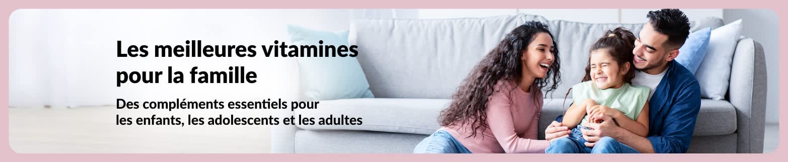 Bannière iHerb avec une famille heureuse, mettant en avant des vitamines pour tous les âges.