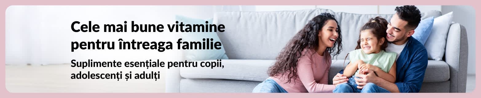 Banner iHerb cu familie fericită, ce promovează vitamine pentru copii, adolescenți și adulți pentru sănătatea familiei.