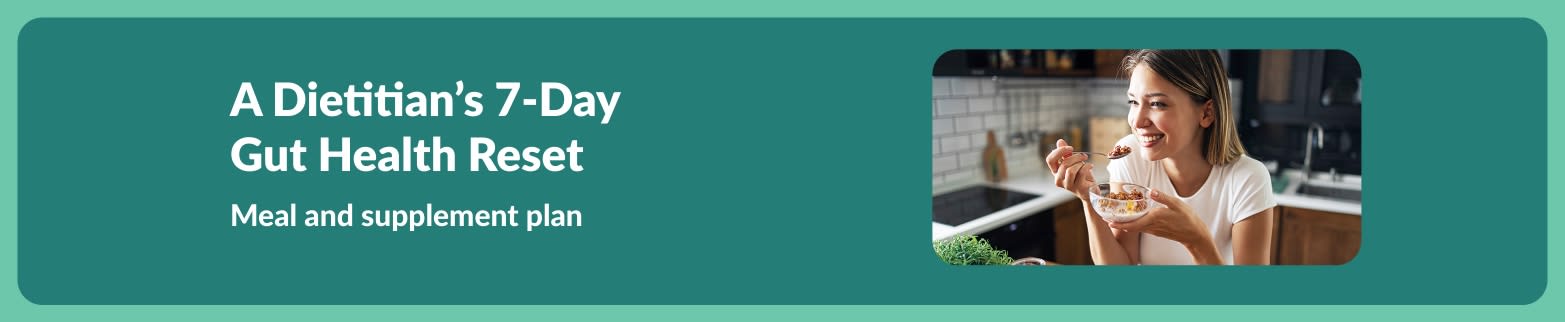 Banner for a dietitian’s 7-day gut health reset, showing woman eating a healthy meal and promoting a meal and supplement plan.