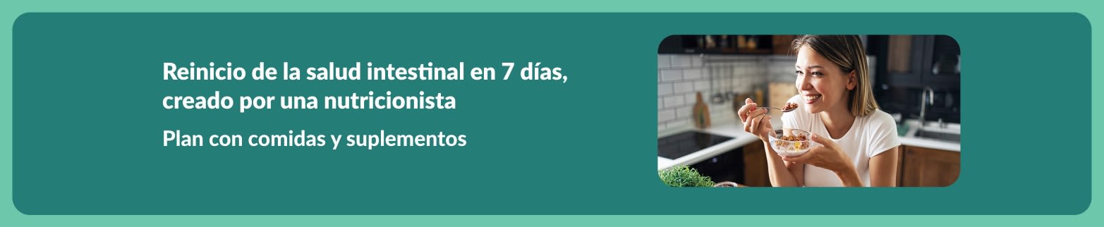 Banner para un reinicio de la salud intestinal de 7 días, creado por una nutricionista, que muestra a una mujer disfrutando de una comida saludable y promueve un plan de comidas y suplementos.