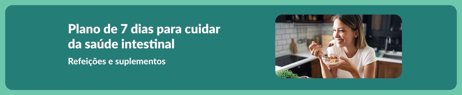 Banner de um plano de 7 dias para cuidar da saúde intestinal, com imagem de uma mulher comendo saudável e destaque para um plano de refeições e suplementos.