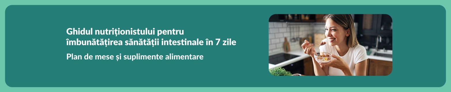 Banner cu planul nutriționistului pentru resetarea sănătății intestinale în 7 zile, cu femeie ce mănâncă sănătos.
