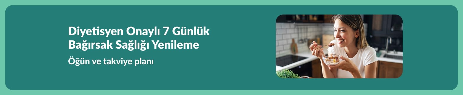 Diyetisyen tarafından hazırlanan 7 günlük bağırsak sağlığı reseti; sağlıklı bir öğün yiyen kadın ve öğün + takviye planı.