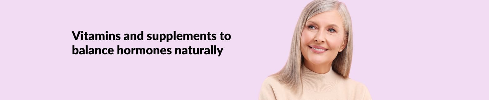 Smiling woman with text promoting vitamins and supplements to balance hormones naturally on a pastel background.