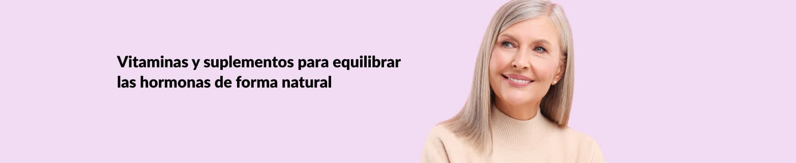 Mujer sonriente con texto que promociona vitaminas y suplementos para equilibrar las hormonas de forma natural sobre un fondo tenue.