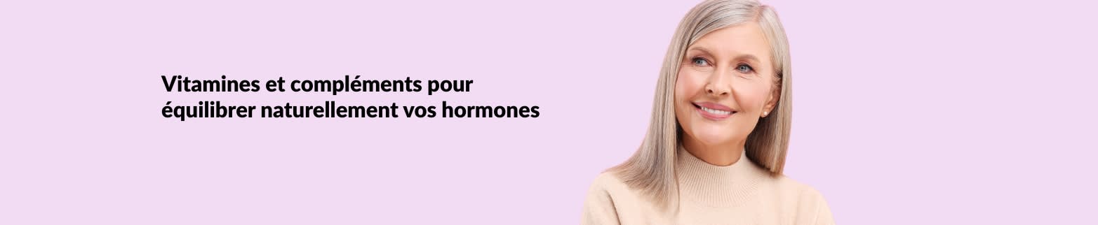 Femme souriante avec un texte faisant la promotion de vitamines et de compléments alimentaires pour équilibrer naturellement les hormones sur un fond pastel.