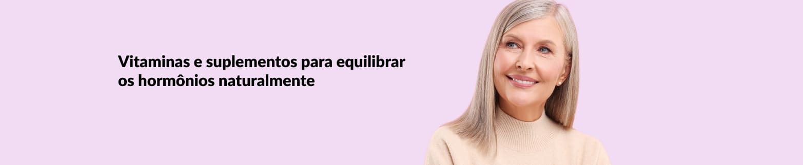 Mulher sorridente com texto promovendo vitaminas e suplementos para equilibrar os hormônios de forma natural, em um fundo em tom pastel.